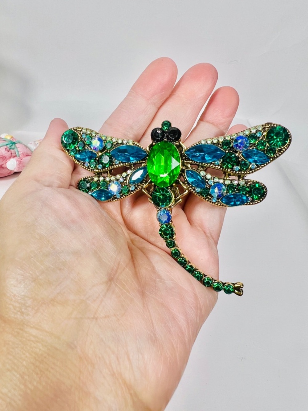 Emerald & Teal Dragonfly Crystal Brooch - Picture 6 of 10